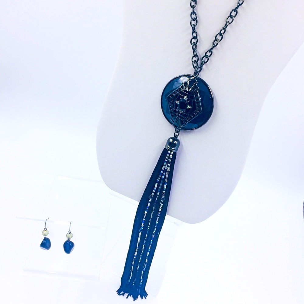 Navy Blue & Black Long Tassel Necklace/Earring Set